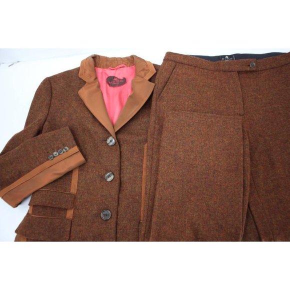 ETRO pant suit women's 44 32x33 two piece tweed silk trim brown wool blend - Picture 1 of 16